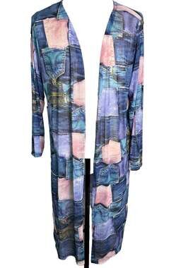 Love Plus 3X Mesh Duster Cardigan Patchwork Denim Print Sheer Long Kimono NWT